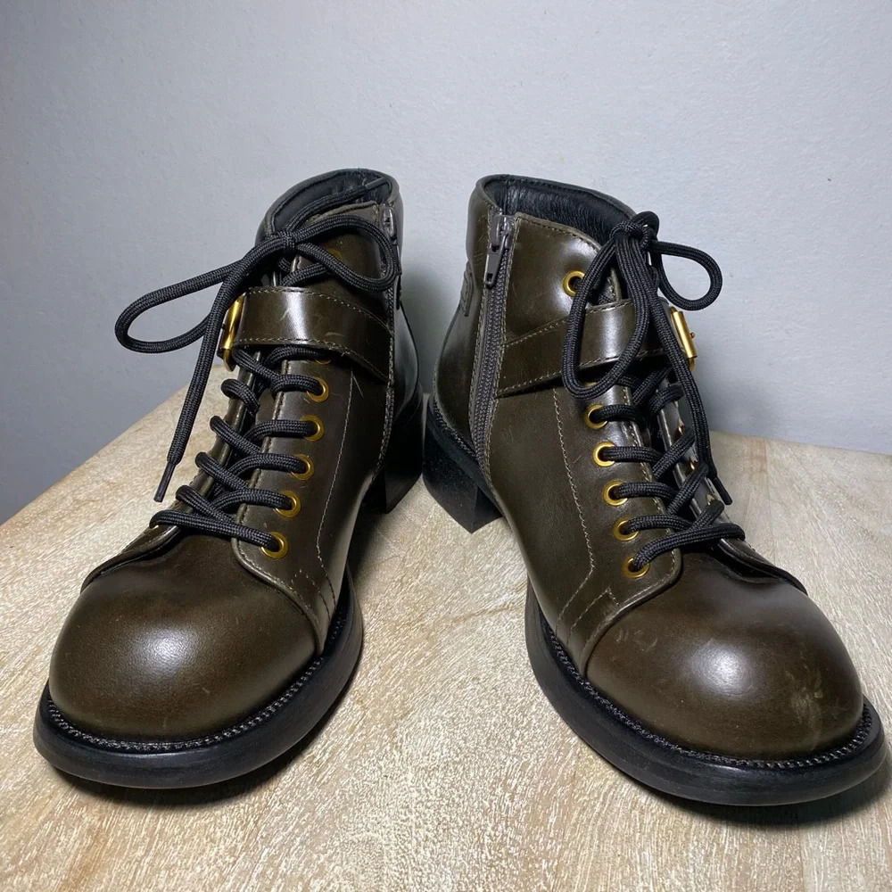 NWOT Jeffrey Campbell Announce lace / zipper / buckle boot size 8 in green/gold